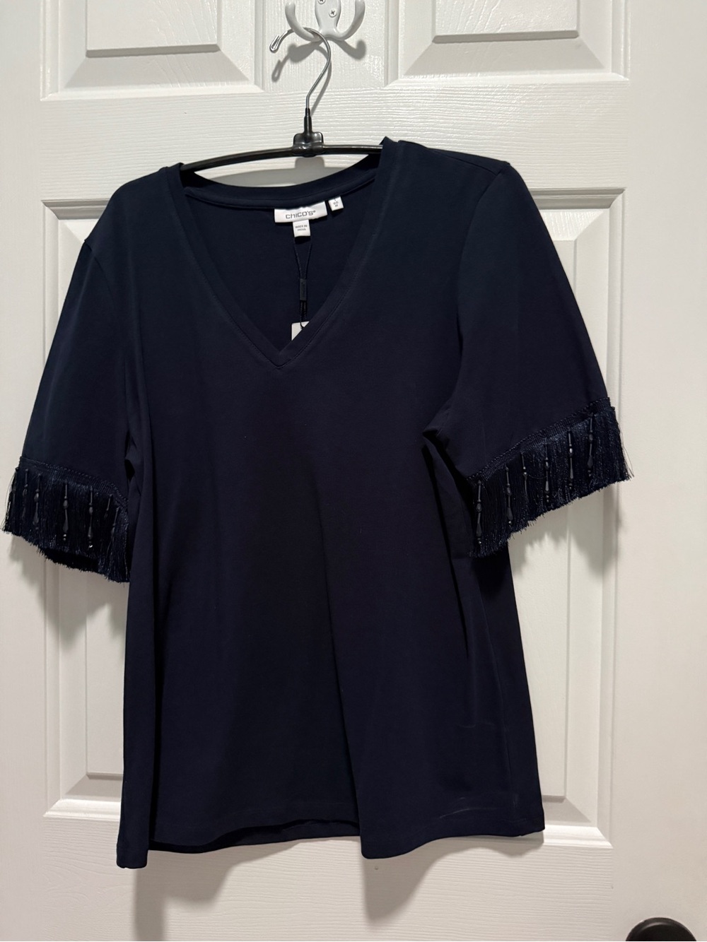 Chico's Dark Navy V-Neck Top with Fringe Sleeve Detail